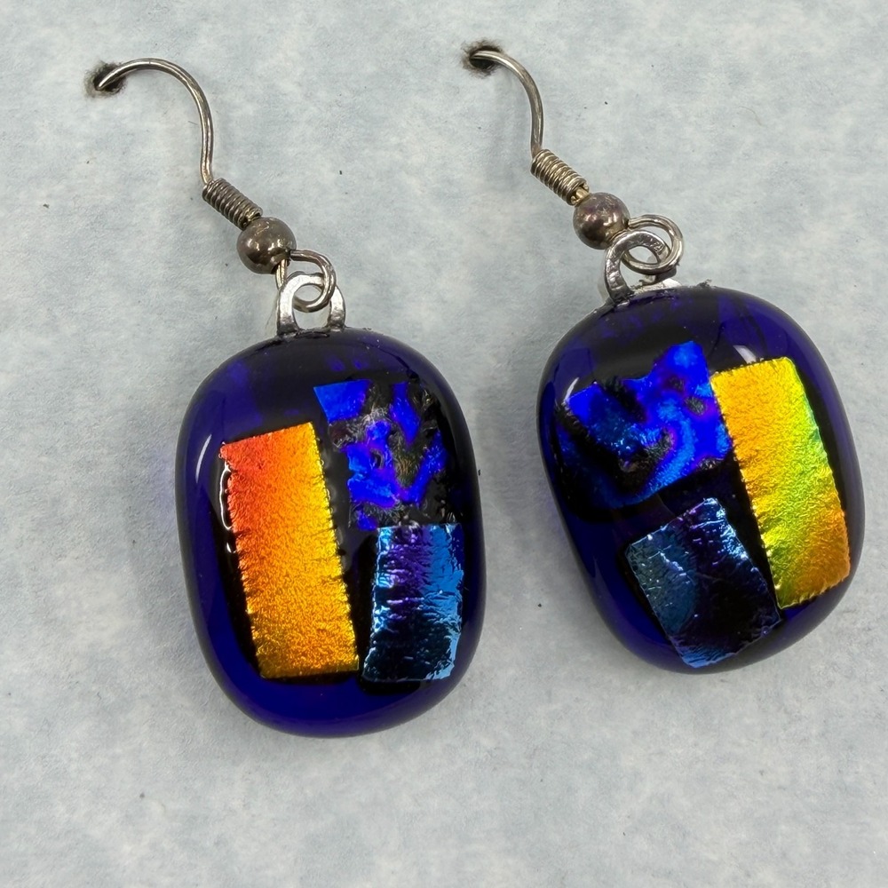 Sunlight Artglass Blue Rainbow Dichroic Glass Dangle Earrings Alaska Artisan